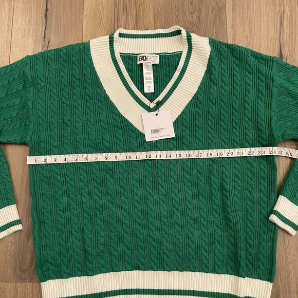 NEW BEACH RIOT Size XL Montana Sweater Green White Cable Knit V Neck Cozy Knit - Picture 7 of 9